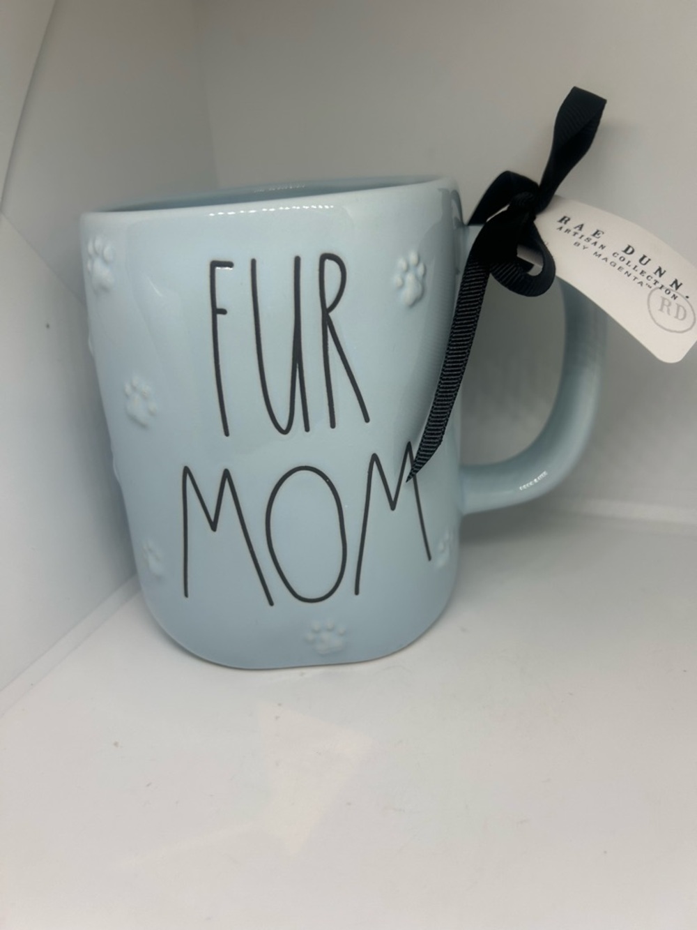Rae Dunn Light Blue "FUR MOM" Ceramic Mug with Paw Embossing